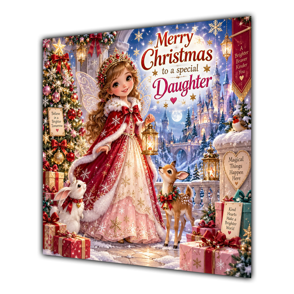 Daughter Christmas Card Christmas Princess Winter Castle Woodland Animals - unpersonalised 15 cm square matte greeting card