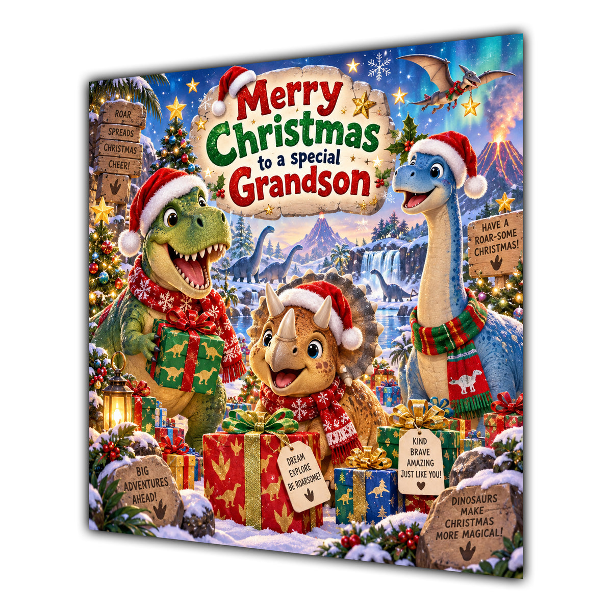 Grandson Christmas Card Cute Dinosaurs Christmas Gifts Snowy Scene - unpersonalised 15 cm square matte greeting card