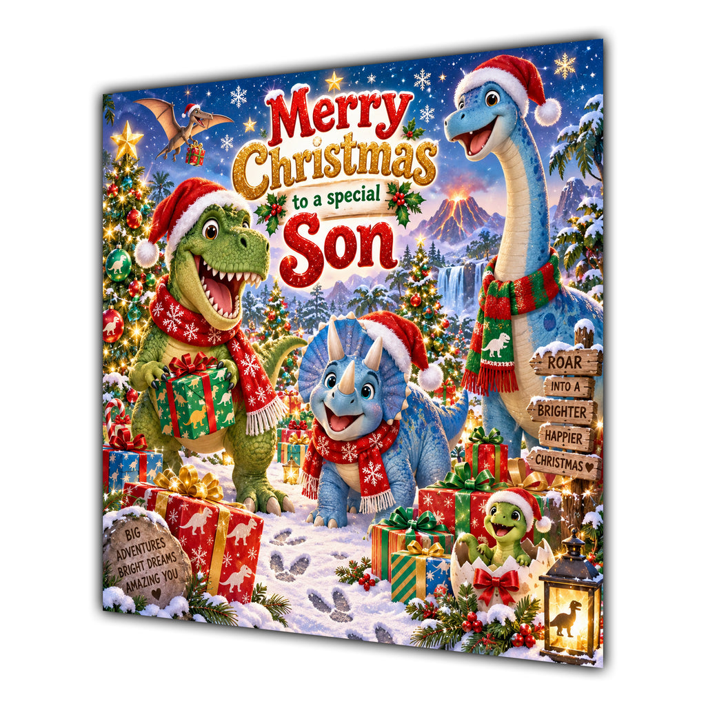 Son Christmas Card Cute Dinosaurs Christmas Gifts Snowy Scene - unpersonalised 15 cm square matte greeting card