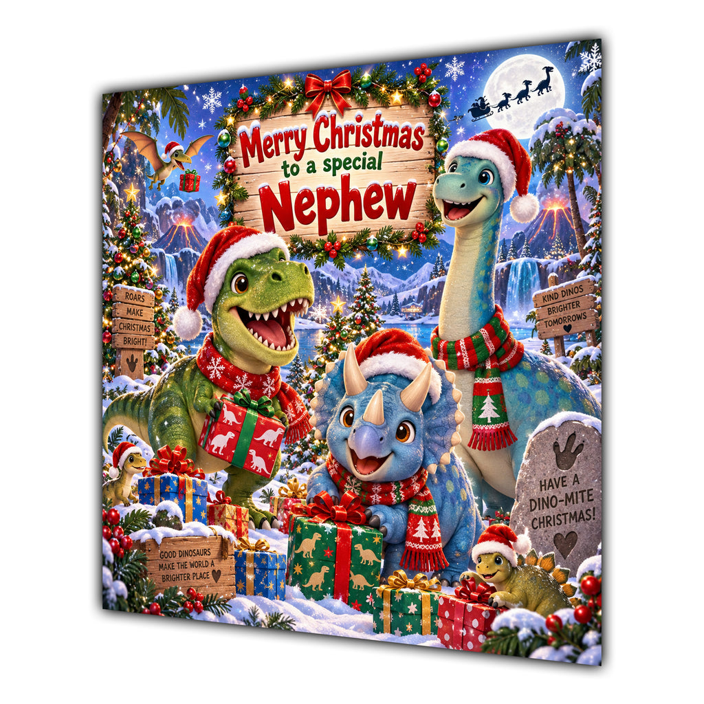 Nephew Christmas Card Cute Dinosaurs Christmas Gifts Snowy Scene - unpersonalised 15 cm square matte greeting card
