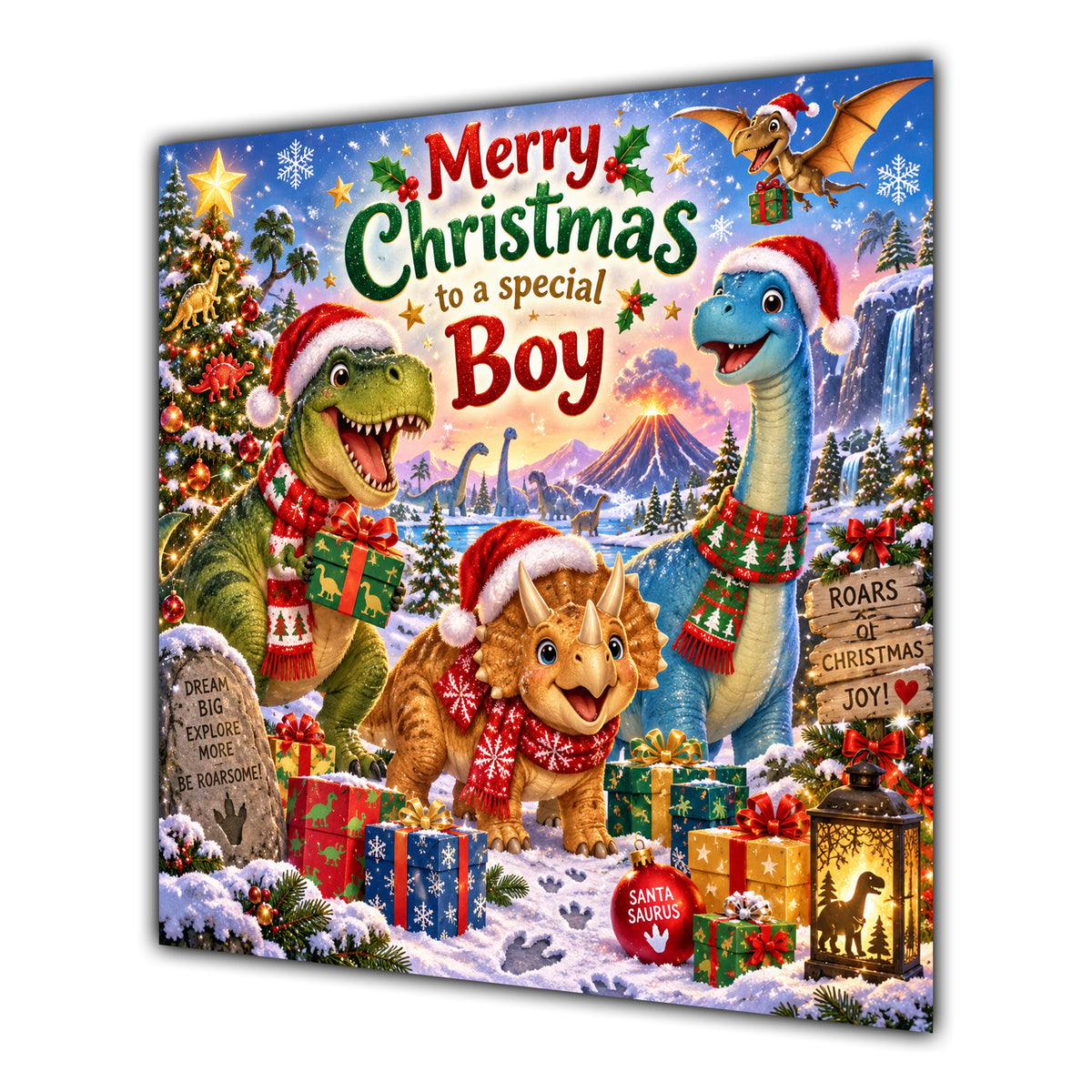 Boy Christmas Card Cute Dinosaurs Christmas Gifts Snowy Scene - unpersonalised 15 cm square matte greeting card