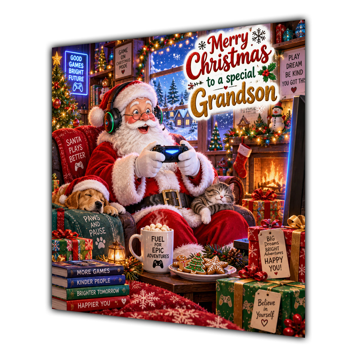 Grandson Christmas Card Gaming Santa Controller Headphones Christmas - unpersonalised 15 cm square matte greeting card
