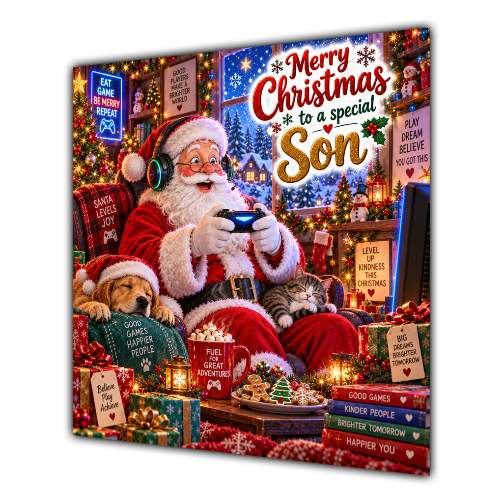 Son Christmas Card Gaming Santa Controller Headphones Christmas - unpersonalised 15 cm square matte greeting card