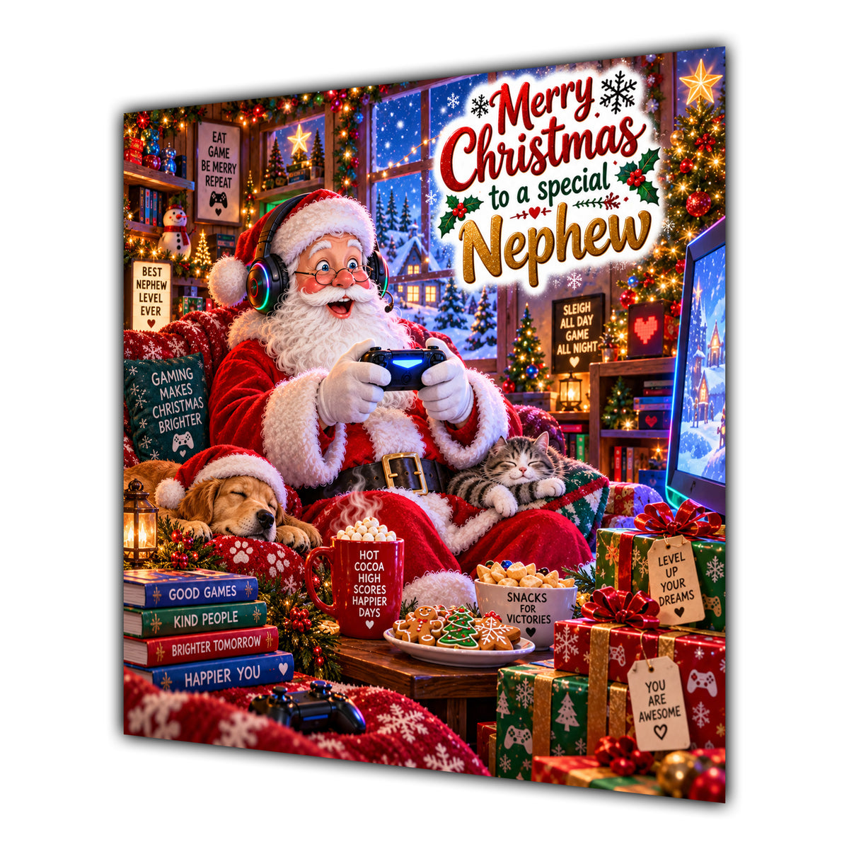 Nephew Christmas Card Gaming Santa Controller Headphones Christmas - unpersonalised 15 cm square matte greeting card
