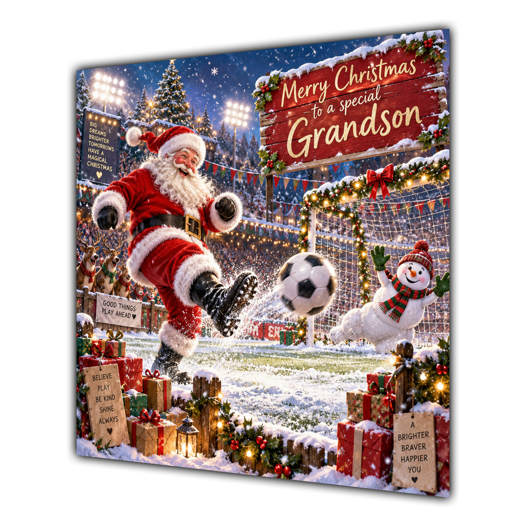 Grandson Christmas Card Football Santa Snowy Stadium Christmas Gifts - unpersonalised 15 cm square matte greeting card