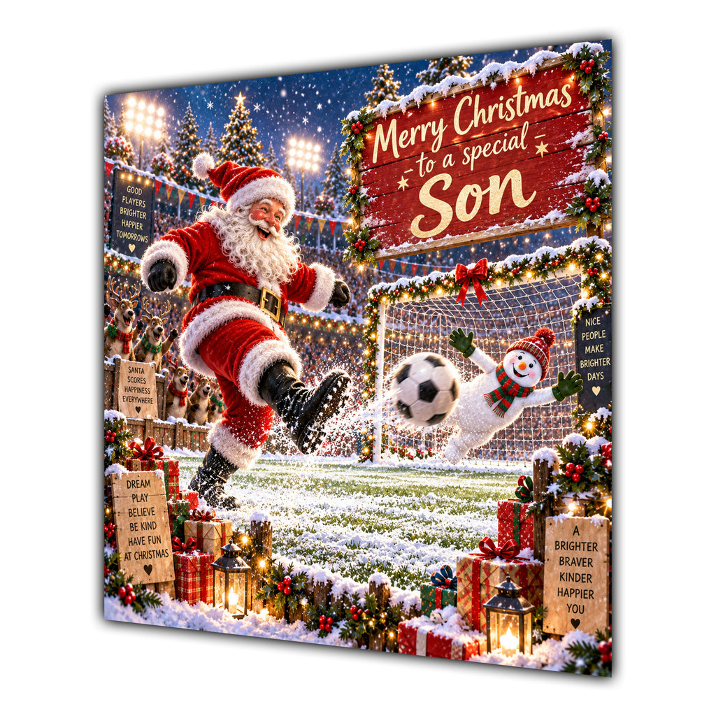 Son Christmas Card Football Santa Snowy Stadium Christmas Gifts - unpersonalised 15 cm square matte greeting card