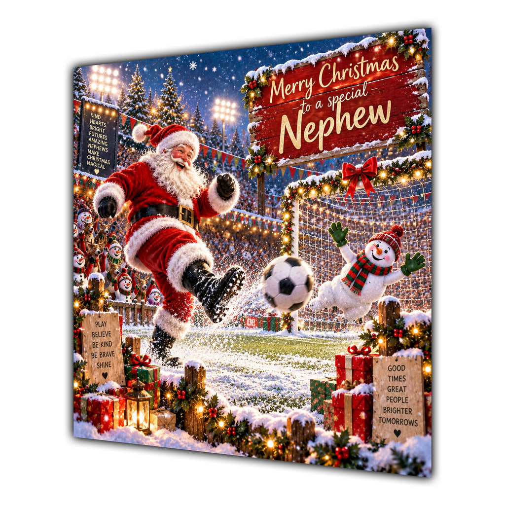 Nephew Christmas Card Football Santa Snowy Stadium Christmas Gifts - unpersonalised 15 cm square matte greeting card