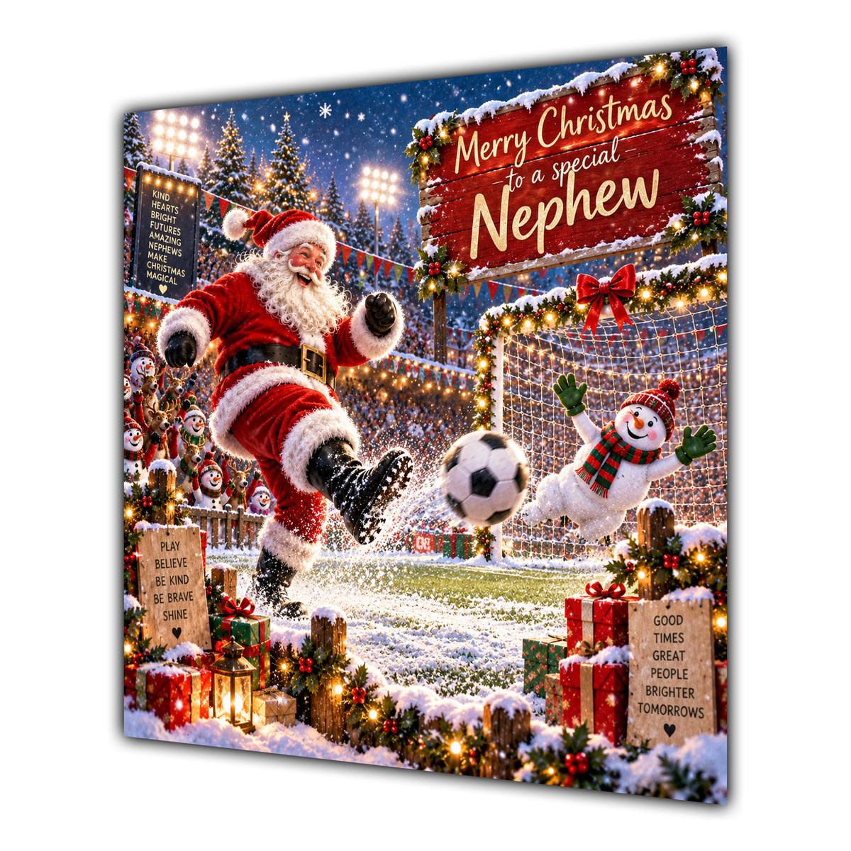 Nephew Christmas Card Football Santa Snowy Stadium Christmas Gifts - unpersonalised 15 cm square matte greeting card
