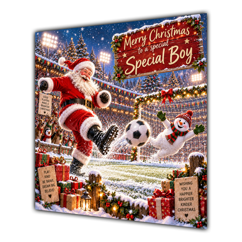 Boy Christmas Card Football Santa Snowy Stadium Christmas Gifts - unpersonalised 15 cm square matte greeting card