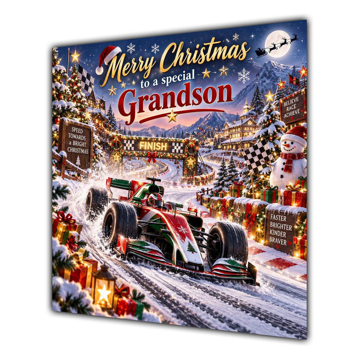 Grandson Christmas Card Racing Car Snowy Track Christmas Gifts - unpersonalised 15 cm square matte greeting card