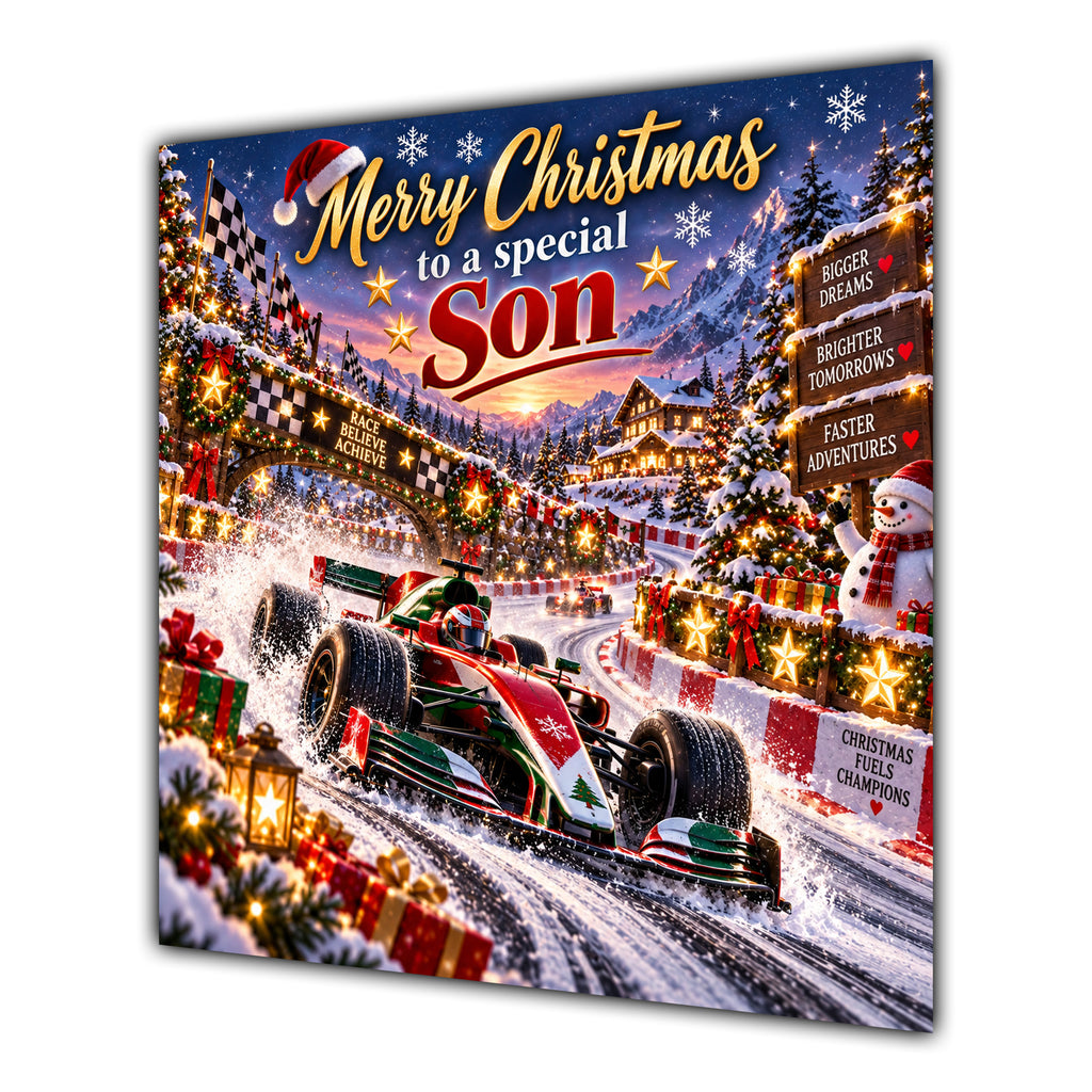 Son Christmas Card Racing Car Snowy Track Christmas Gifts - unpersonalised 15 cm square matte greeting card
