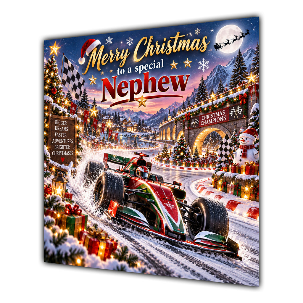 Nephew Christmas Card Racing Car Snowy Track Christmas Gifts - unpersonalised 15 cm square matte greeting card