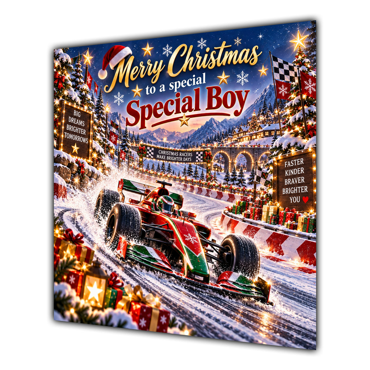Boy Christmas Card Racing Car Snowy Track Christmas Gifts - unpersonalised 15 cm square matte greeting card