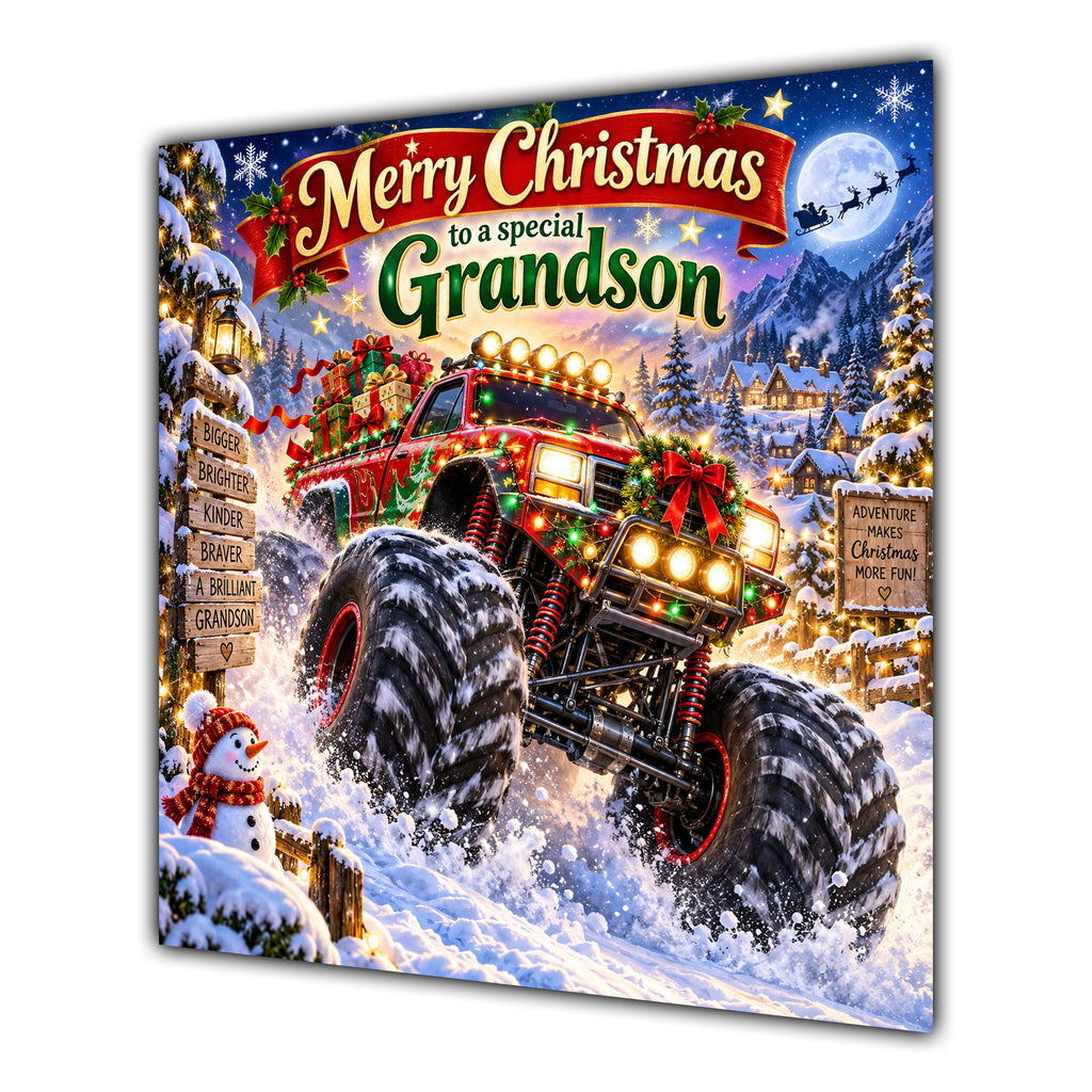 Grandson Christmas Card Monster Truck Snowy Village Christmas Gifts - unpersonalised 15 cm square matte greeting card
