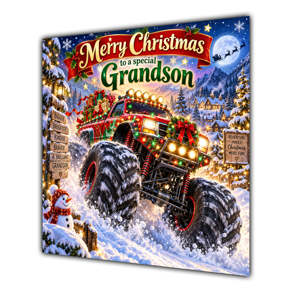 Grandson Christmas Card Monster Truck Snowy Village Christmas Gifts - unpersonalised 15 cm square matte greeting card