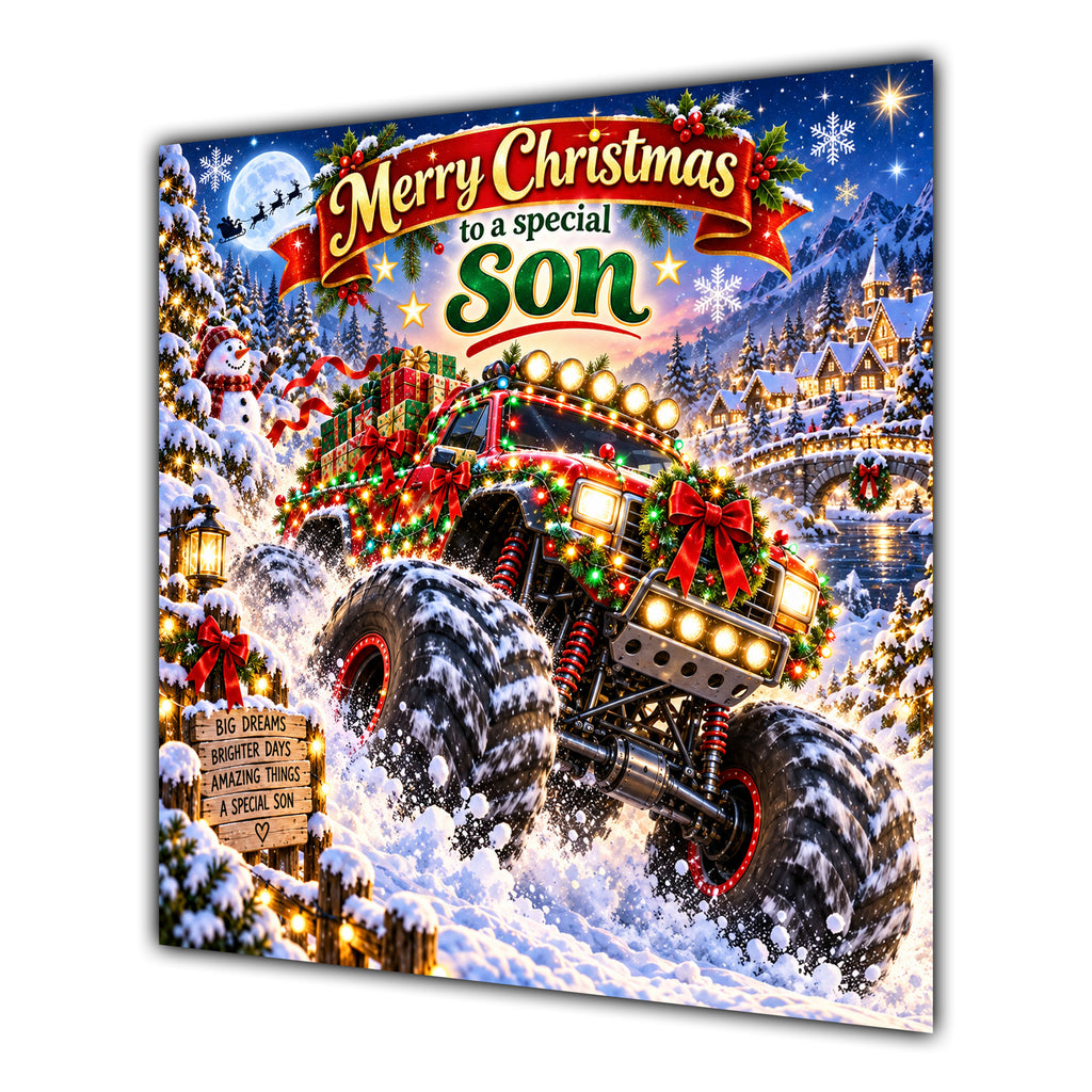 Son Christmas Card Monster Truck Snowy Village Christmas Gifts - unpersonalised 15 cm square matte greeting card