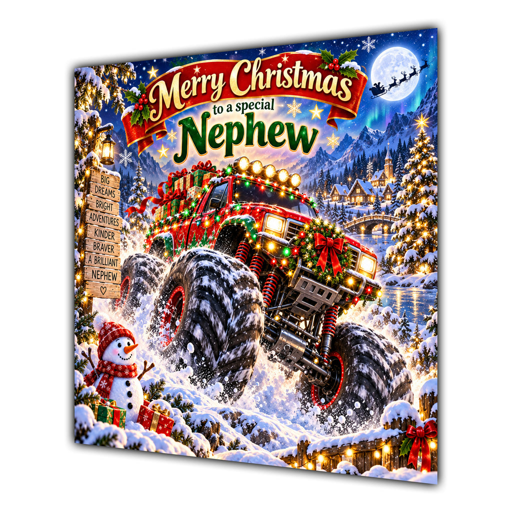 Nephew Christmas Card Monster Truck Snowy Village Christmas Gifts - unpersonalised 15 cm square matte greeting card