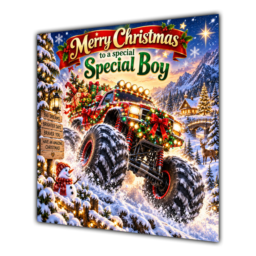 Boy Christmas Card Monster Truck Snowy Village Christmas Gifts - unpersonalised 15 cm square matte greeting card