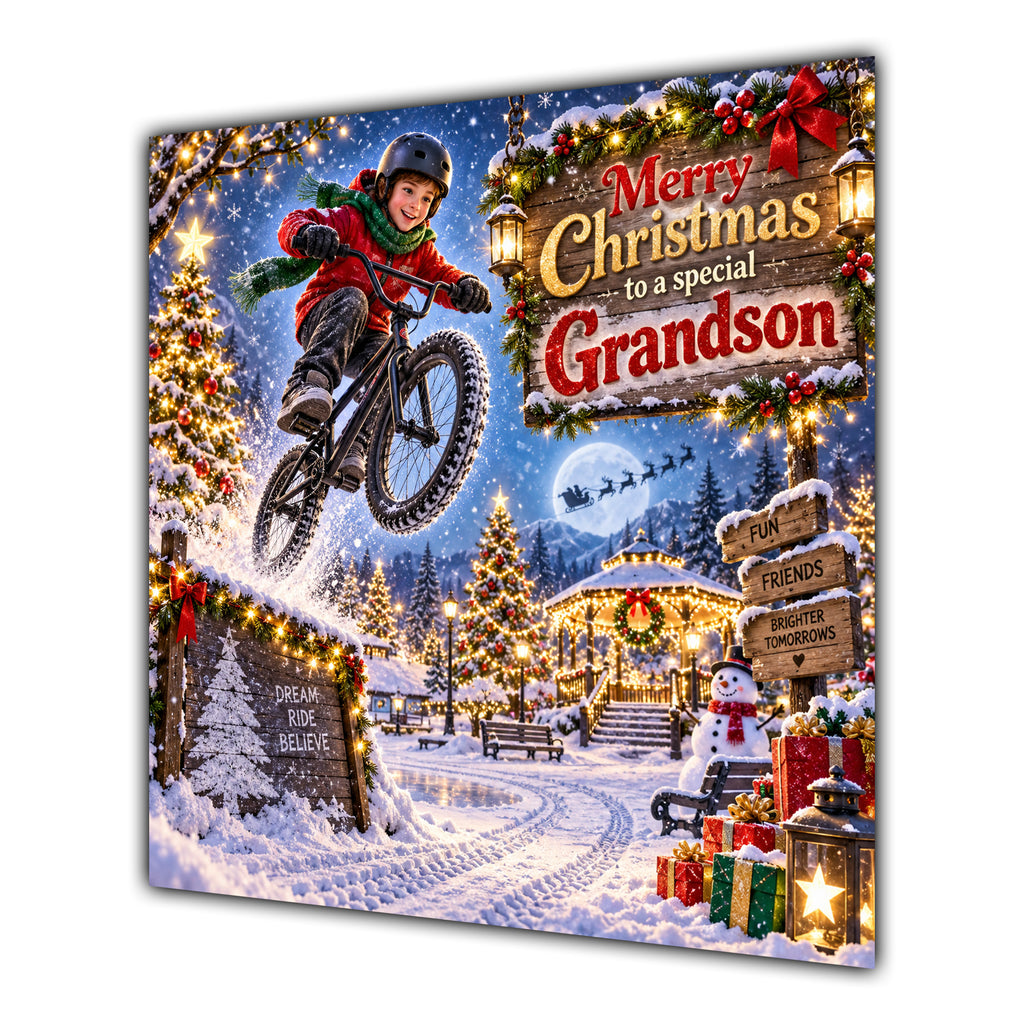 Grandson Christmas Card BMX Bike Jump Snowy Village Christmas Gifts - unpersonalised 15 cm square matte greeting card