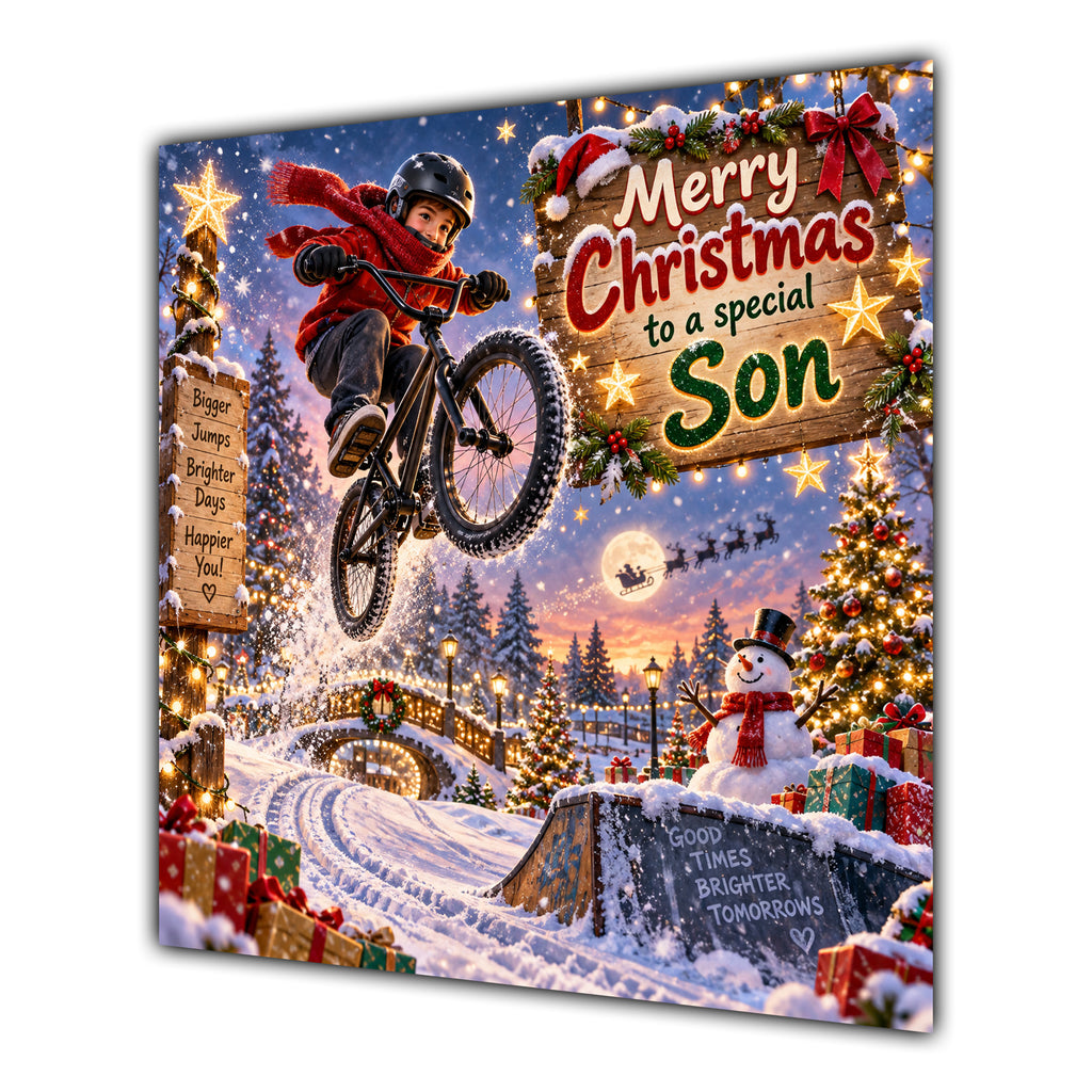 Son Christmas Card BMX Bike Jump Snowy Village Christmas Gifts - unpersonalised 15 cm square matte greeting card