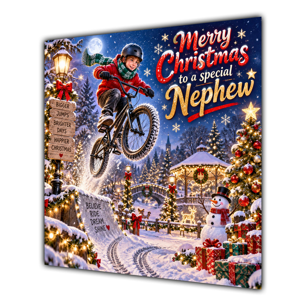 Nephew Christmas Card BMX Bike Jump Snowy Village Christmas Gifts - unpersonalised 15 cm square matte greeting card