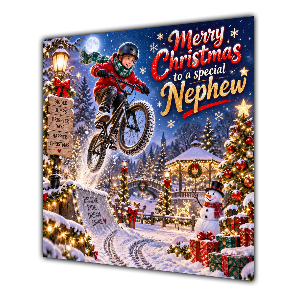 Nephew Christmas Card BMX Bike Jump Snowy Village Christmas Gifts - unpersonalised 15 cm square matte greeting card