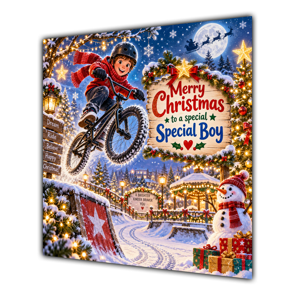 Boy Christmas Card BMX Bike Jump Snowy Village Christmas Gifts - unpersonalised 15 cm square matte greeting card