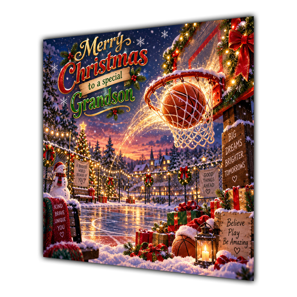 Grandson Christmas Card Basketball Hoop Snowy Court Christmas Gifts - unpersonalised 15 cm square matte greeting card