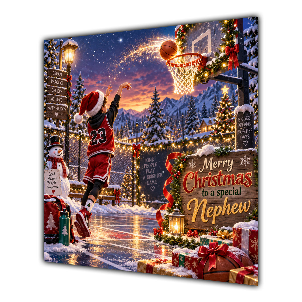 Nephew Christmas Card Basketball Hoop Snowy Court Christmas Gifts - unpersonalised 15 cm square matte greeting card
