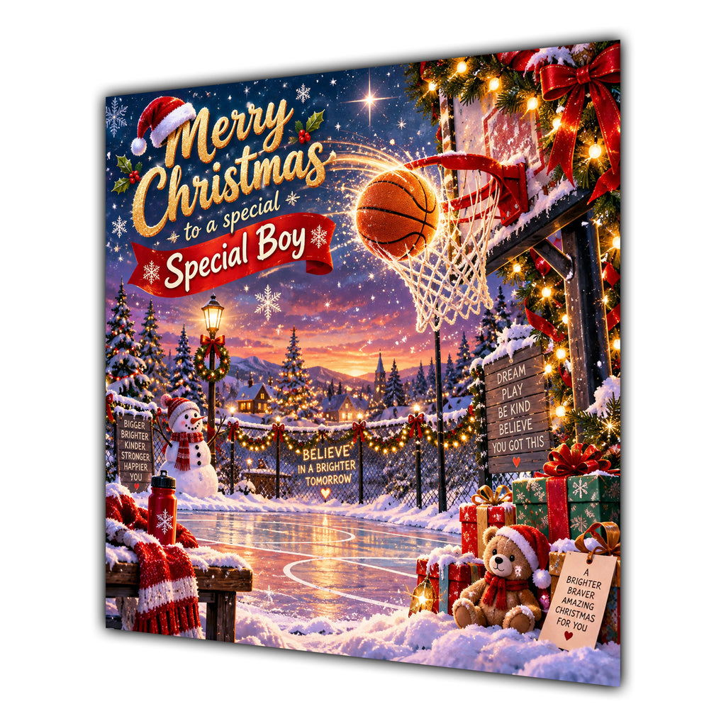 Boy Christmas Card Basketball Hoop Snowy Court Christmas Gifts - unpersonalised 15 cm square matte greeting card