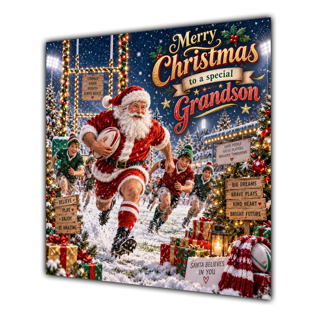 Grandson Christmas Card Rugby Santa Snowy Stadium Christmas Gifts - unpersonalised 15 cm square matte greeting card
