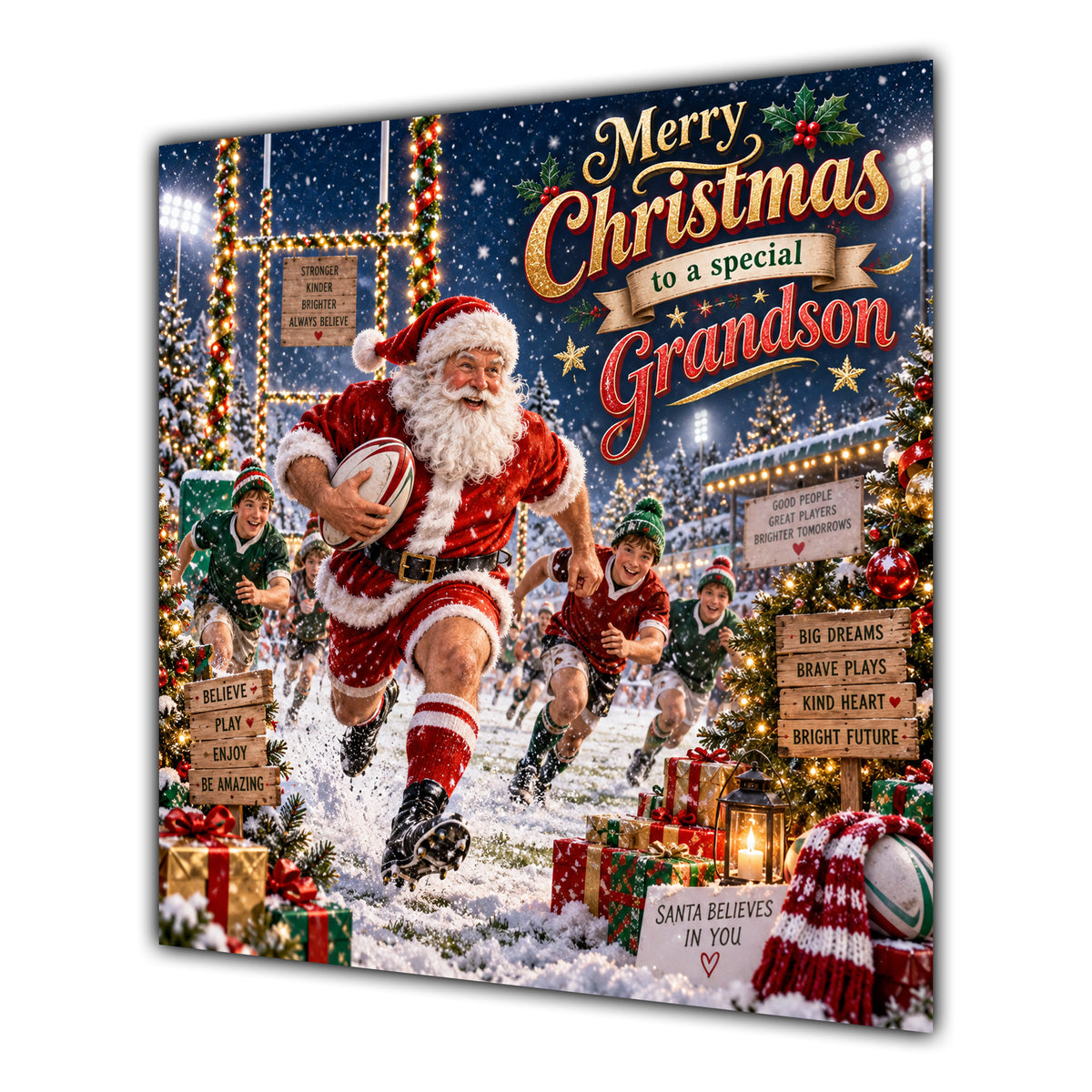 Grandson Christmas Card Rugby Santa Snowy Stadium Christmas Gifts - unpersonalised 15 cm square matte greeting card