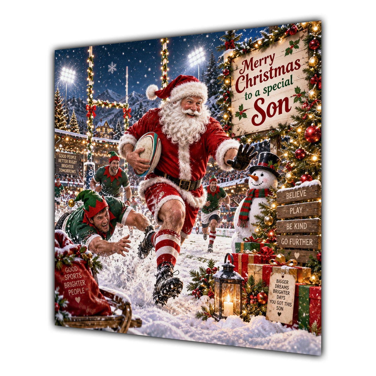 Son Christmas Card Rugby Santa Snowy Stadium Christmas Gifts - unpersonalised 15 cm square matte greeting card