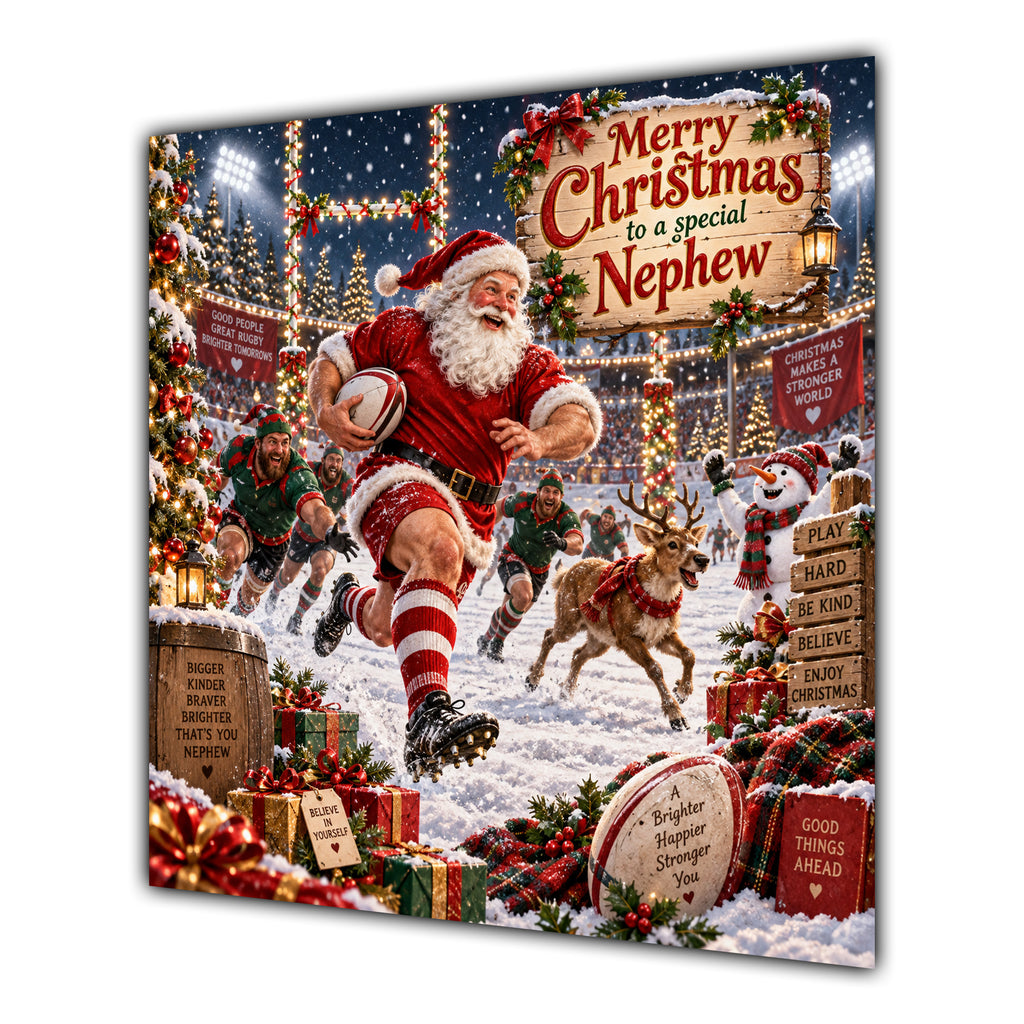 Nephew Christmas Card Rugby Santa Snowy Stadium Christmas Gifts - unpersonalised 15 cm square matte greeting card