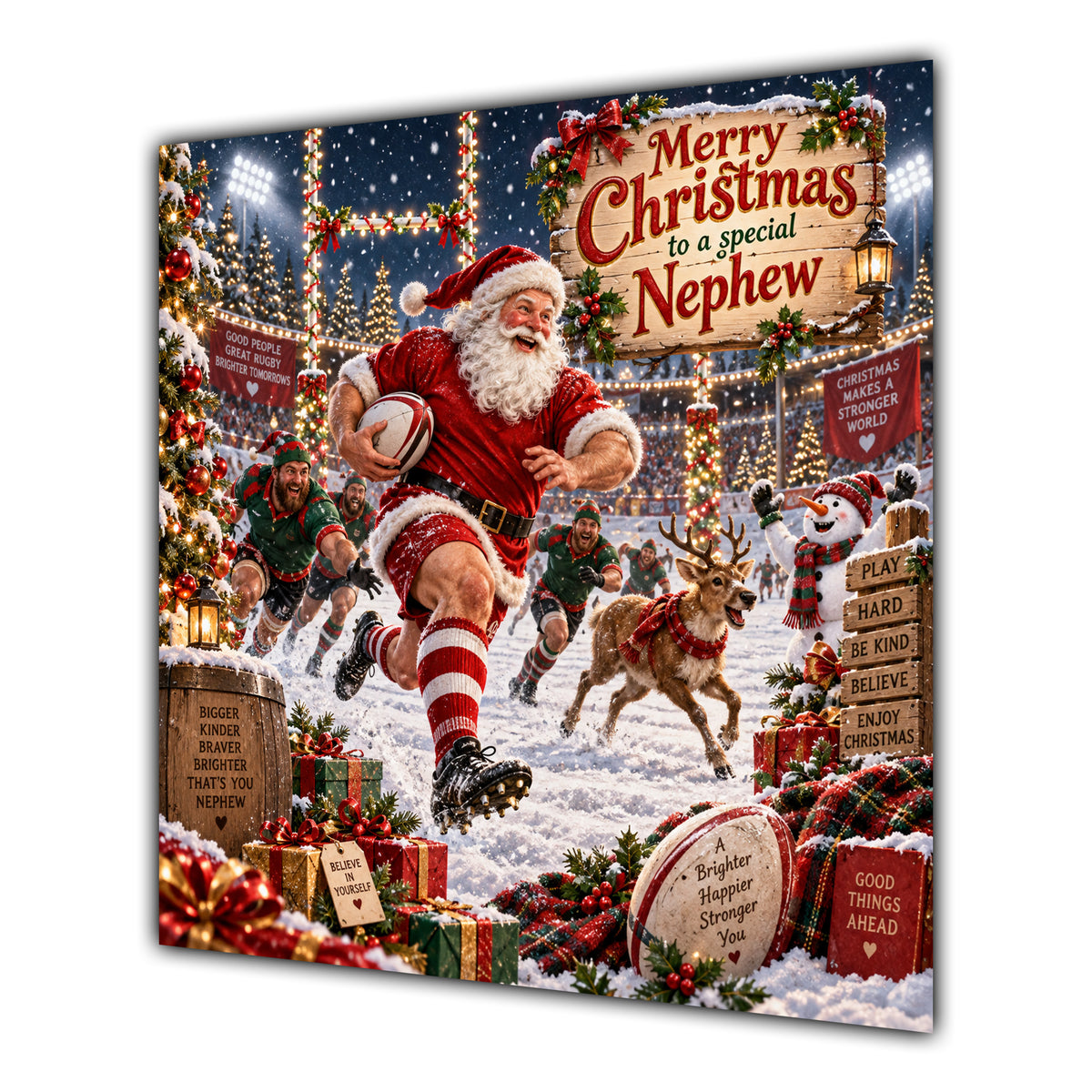 Nephew Christmas Card Rugby Santa Snowy Stadium Christmas Gifts - unpersonalised 15 cm square matte greeting card