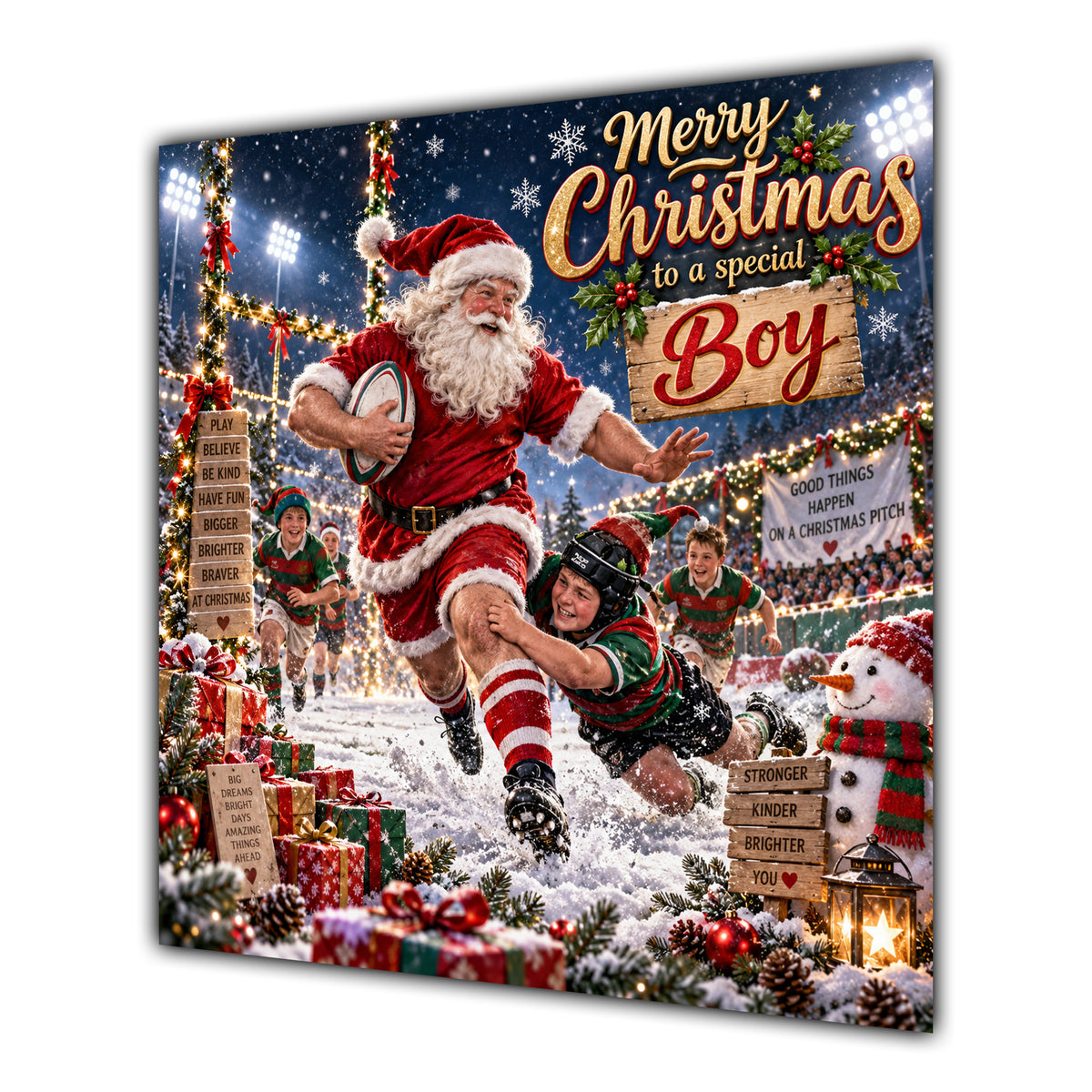 Boy Christmas Card Rugby Santa Snowy Stadium Christmas Gifts - unpersonalised 15 cm square matte greeting card