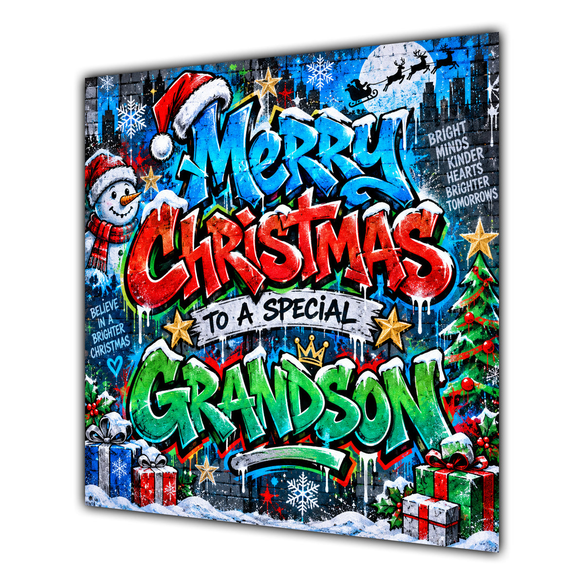 Grandson Christmas Card Colourful Graffiti Snowman Christmas Gifts - unpersonalised 15 cm square matte greeting card