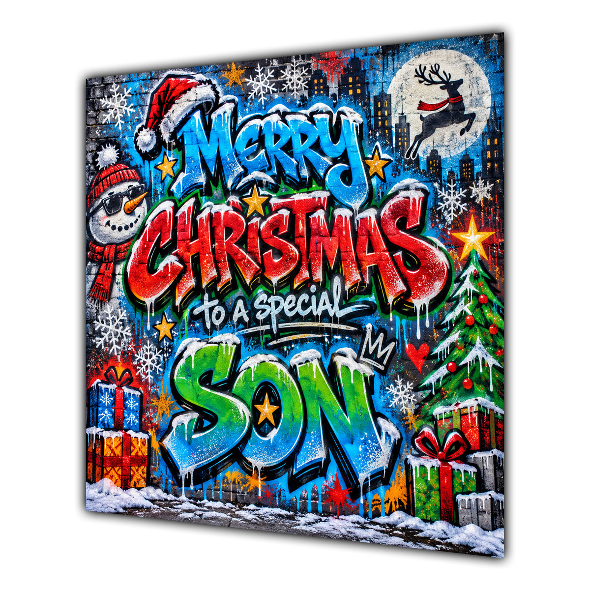 Son Christmas Card Colourful Graffiti Snowman Christmas Gifts - unpersonalised 15 cm square matte greeting card