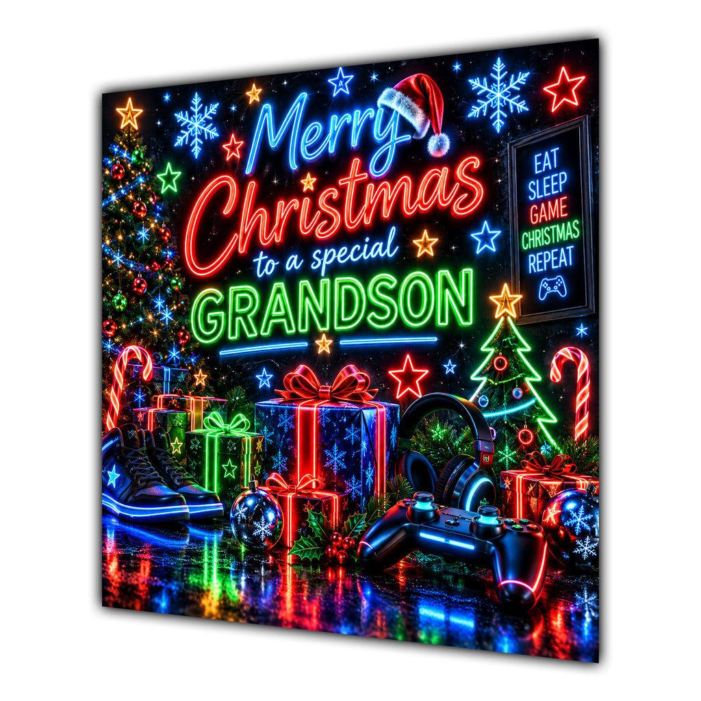 Grandson Christmas Card Neon Gaming Controller Headphones Christmas - unpersonalised 15 cm square matte greeting card