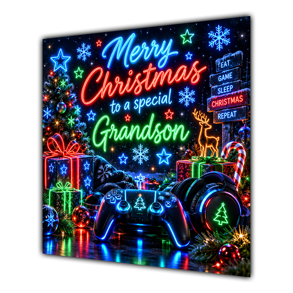 Grandson Christmas Card Neon Gaming Controller Headphones Christmas - unpersonalised 15 cm square matte greeting card