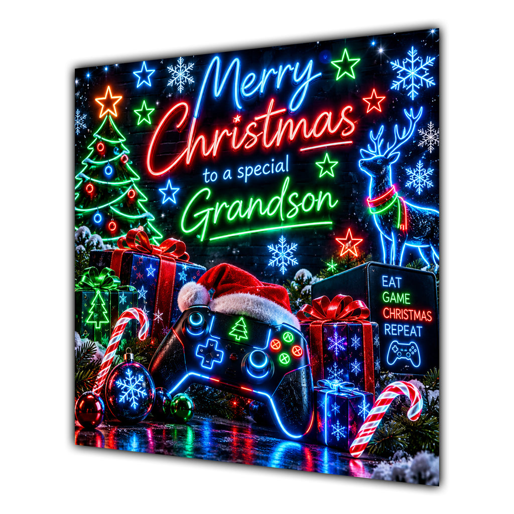 Grandson Christmas Card Neon Gaming Controller Headphones Christmas - unpersonalised 15 cm square matte greeting card