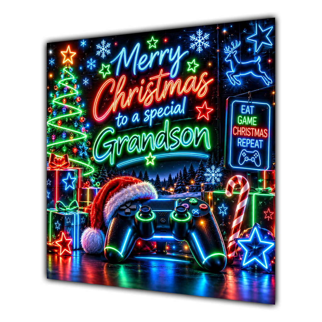 Grandson Christmas Card Neon Gaming Controller Headphones Christmas - unpersonalised 15 cm square matte greeting card