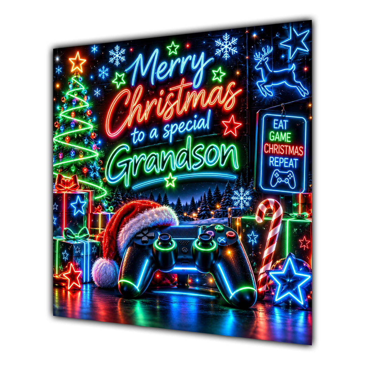Grandson Christmas Card Neon Gaming Controller Headphones Christmas - unpersonalised 15 cm square matte greeting card