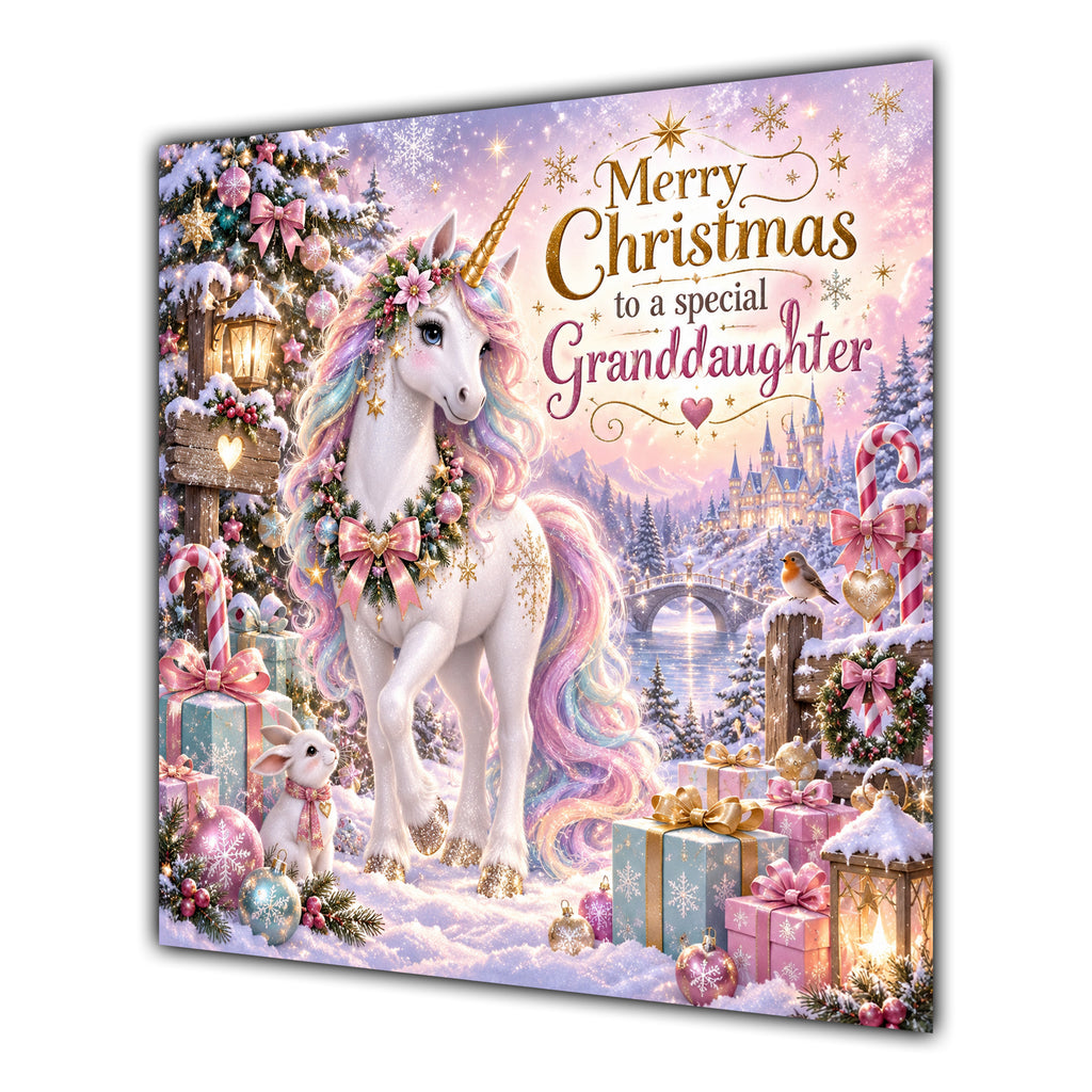 Granddaughter Christmas Card Pastel Unicorn Snowy Village Christmas Gifts - unpersonalised 15 cm square matte greeting card