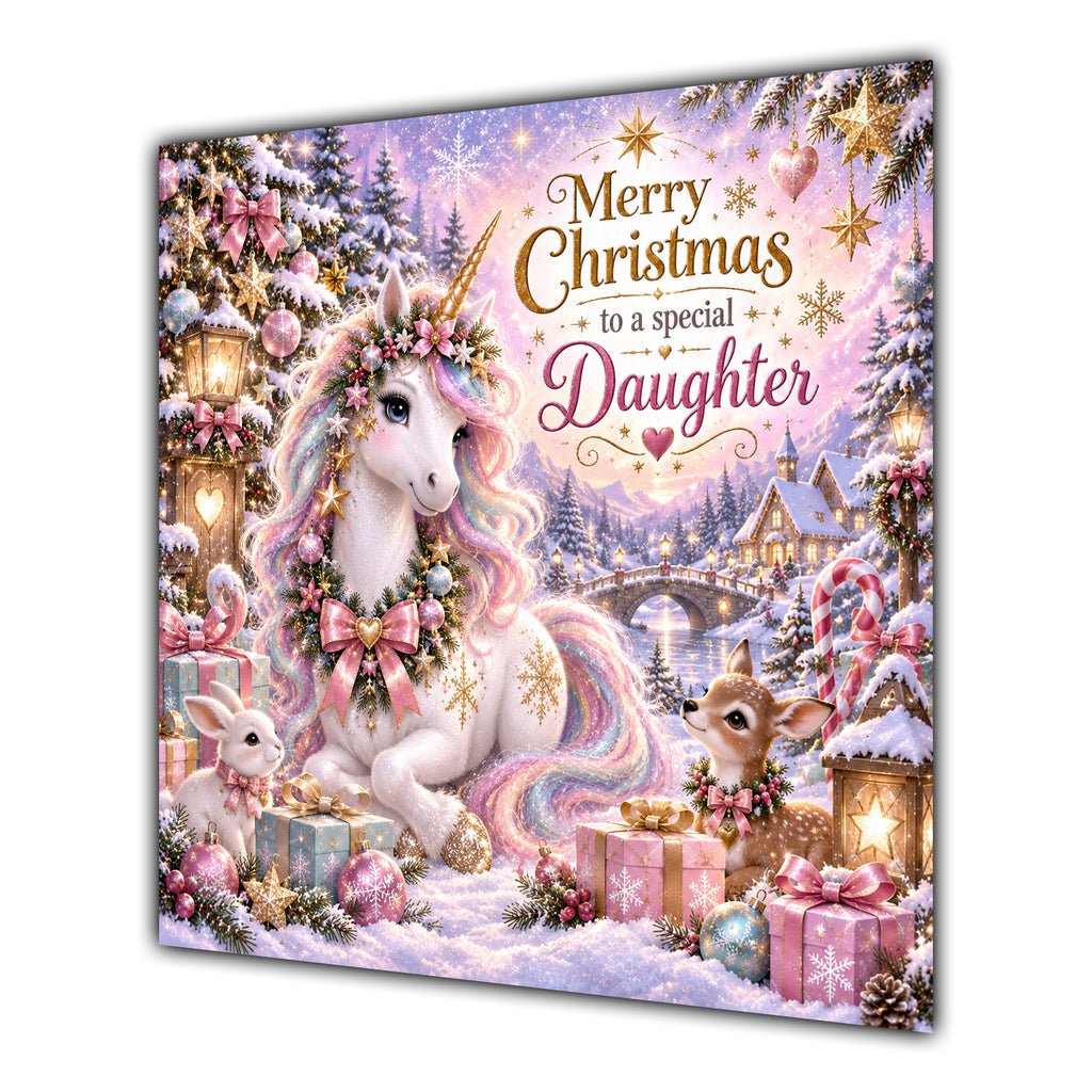 Daughter Christmas Card Pastel Unicorn Snowy Village Christmas Gifts - unpersonalised 15 cm square matte greeting card