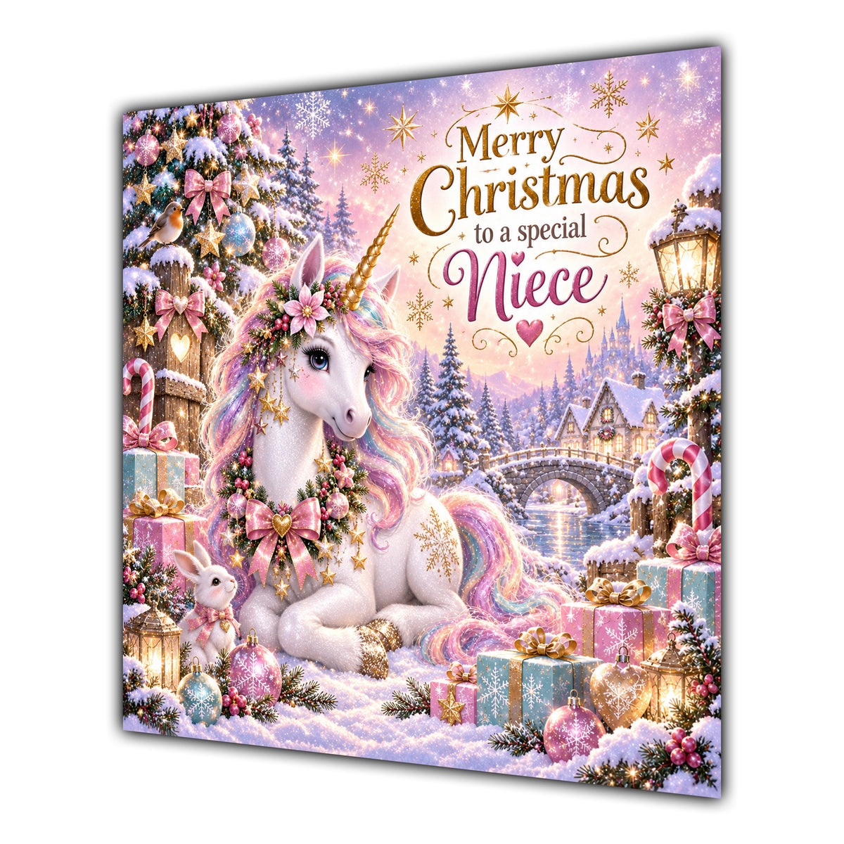 Niece Christmas Card Pastel Unicorn Snowy Village Christmas Gifts - unpersonalised 15 cm square matte greeting card