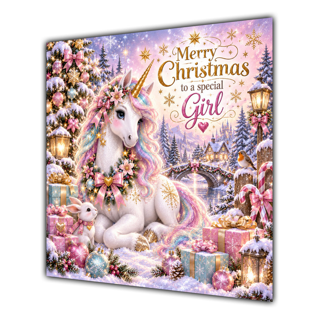 Girl Christmas Card Pastel Unicorn Snowy Village Christmas Gifts - unpersonalised 15 cm square matte greeting card
