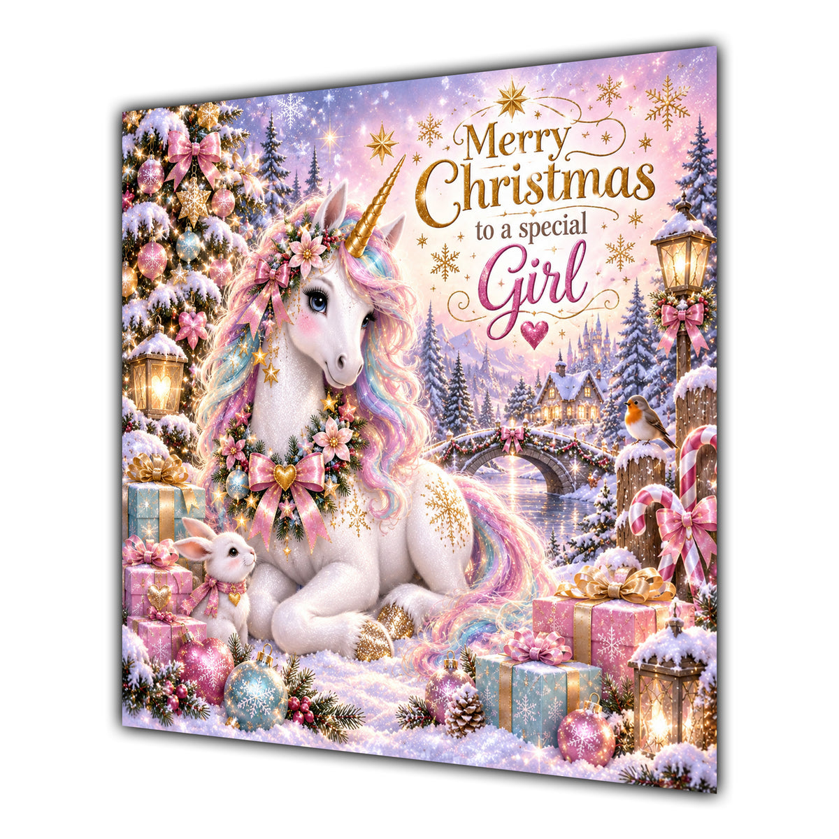 Girl Christmas Card Pastel Unicorn Snowy Village Christmas Gifts - unpersonalised 15 cm square matte greeting card