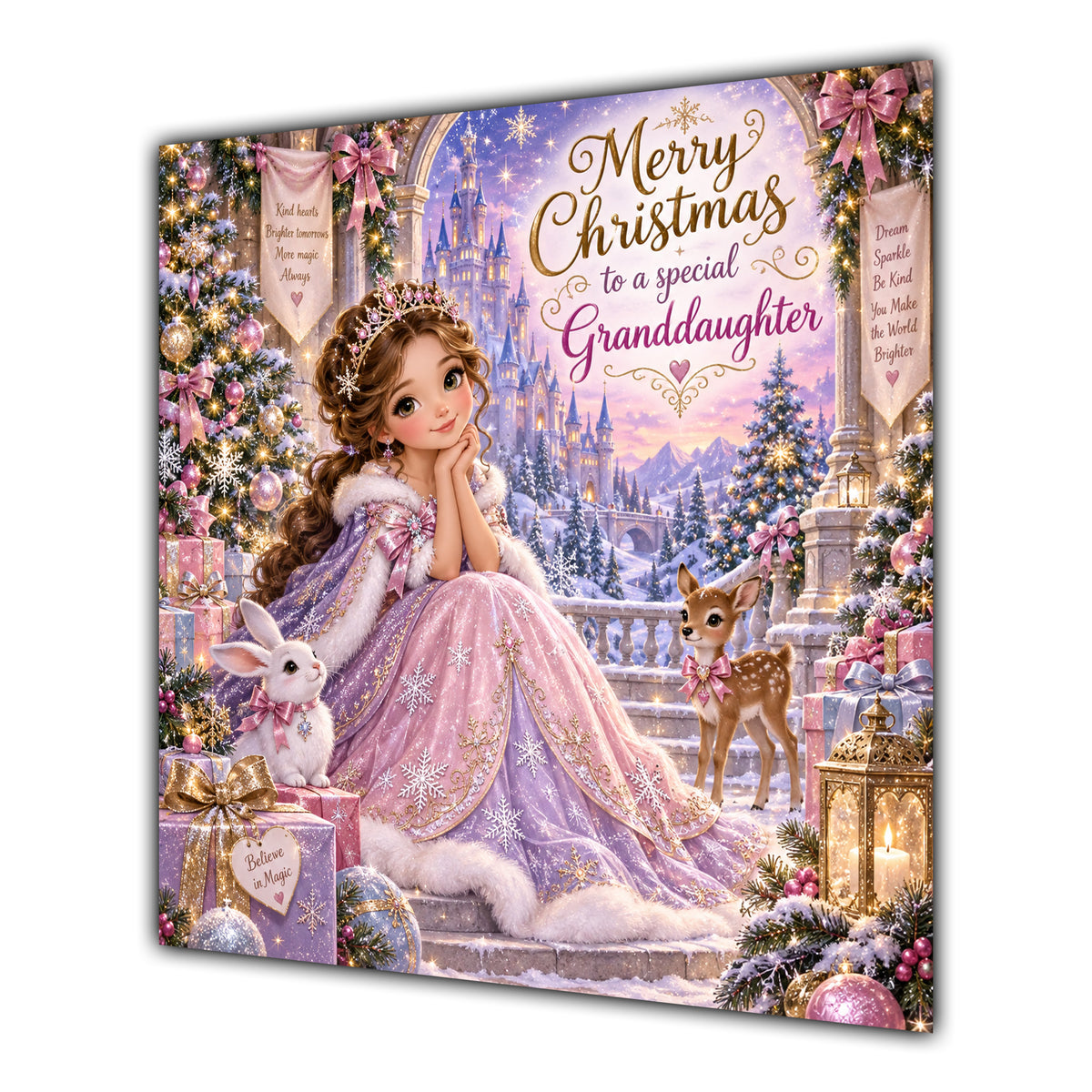 Granddaughter Christmas Card Christmas Princess Pink Dress Winter Castle - unpersonalised 15 cm square matte greeting card