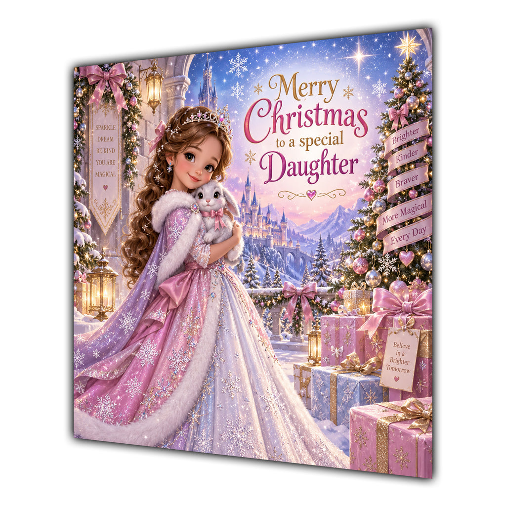 Daughter Christmas Card Christmas Princess Pink Dress Winter Castle - unpersonalised 15 cm square matte greeting card